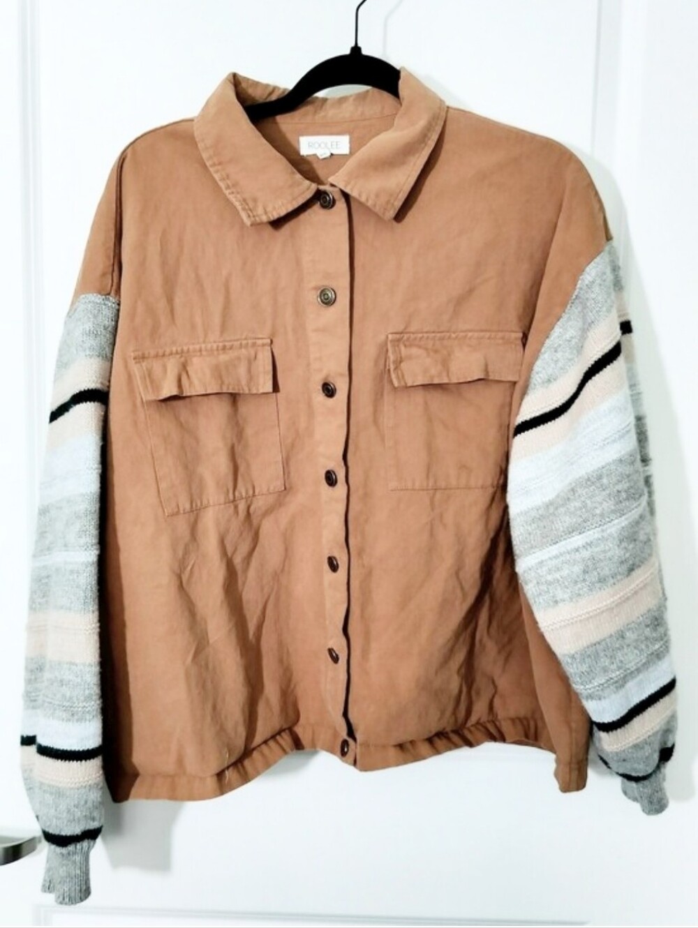 ROOLEE Women's 3X Camel Cotton MixedMedia SweaterSleeves Jacket Cozy Lightweight